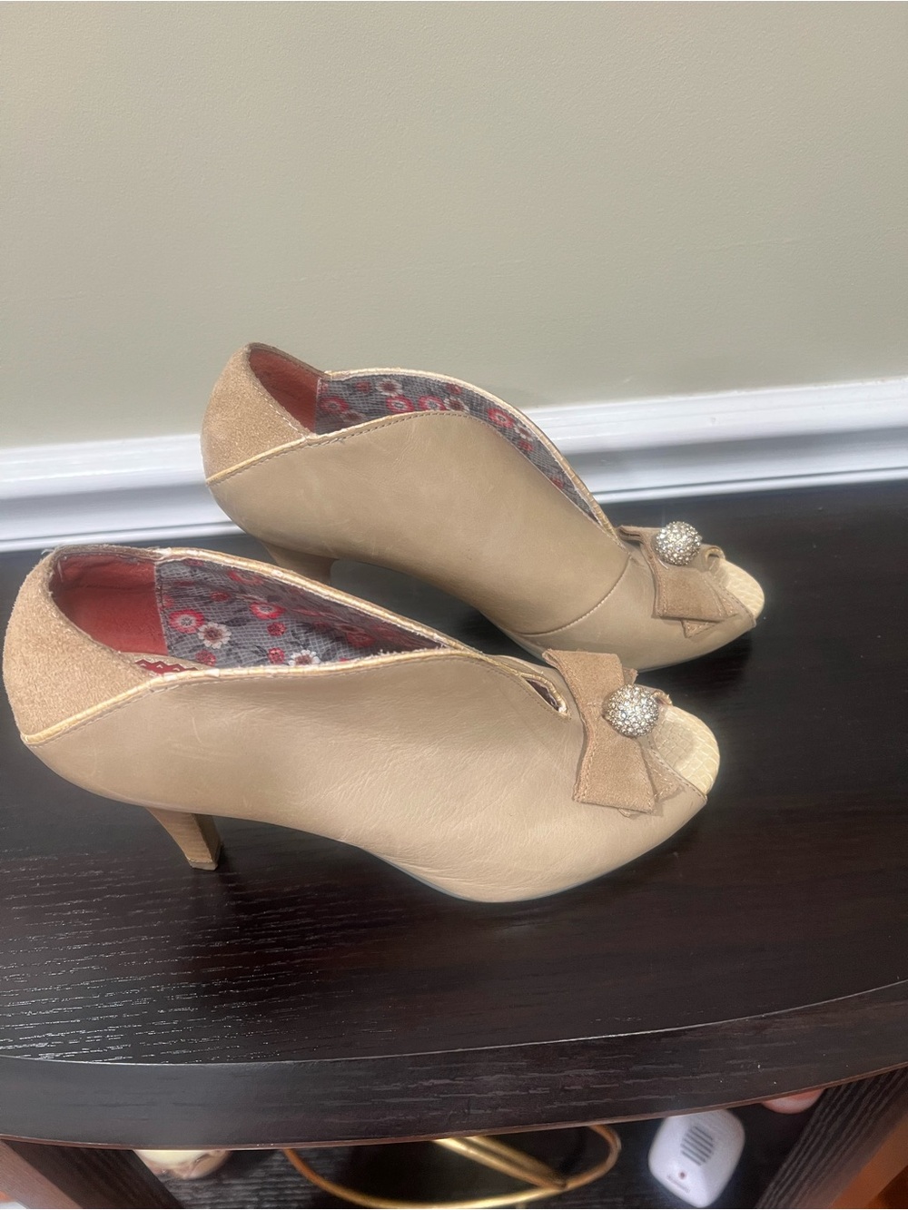 Poetic License Beige Peep-Toe Heels with Bow and Rhinestone Accent